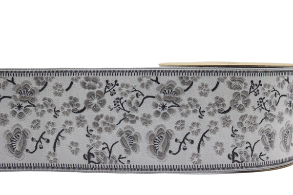 2.67" Grey Florals Trim Tape, Upholstery Trim, Fabric Trimmings, Drapery Banding Trim Tape, Jacquard Ribbon, curtain trim ideas 215 V1