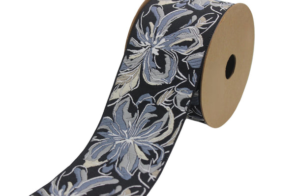 2.67" Gray Florals Trim Tape, Upholstery Trim, Fabric Trimmings, Drapery Banding Trim Tape, Jacquard Ribbon, curtain trim ideas 217 V6