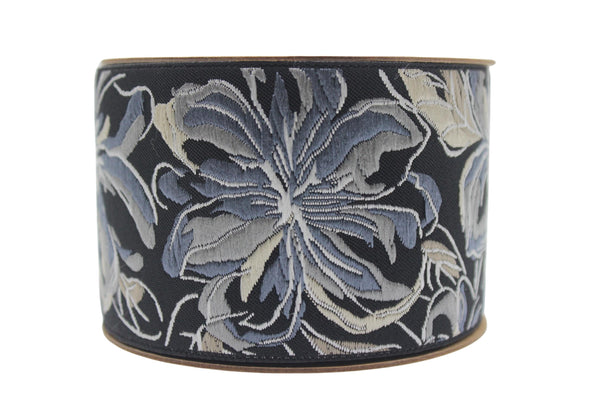 2.67" Gray Florals Trim Tape, Upholstery Trim, Fabric Trimmings, Drapery Banding Trim Tape, Jacquard Ribbon, curtain trim ideas 217 V6