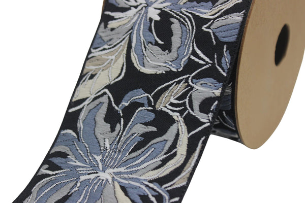 2.67" Gray Florals Trim Tape, Upholstery Trim, Fabric Trimmings, Drapery Banding Trim Tape, Jacquard Ribbon, curtain trim ideas 217 V6