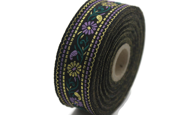 35 mm Black & Purple Floral Jacquard ribbon (1.37 inches),Jacquard trim, Sewing Trim, Collar Trim, Ribbon by the yards, Vintage ribbon 35095