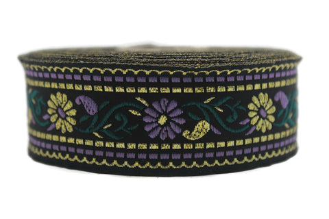 35 mm Black & Purple Floral Jacquard ribbon (1.37 inches),Jacquard trim, Sewing Trim, Collar Trim, Ribbon by the yards, Vintage ribbon 35095