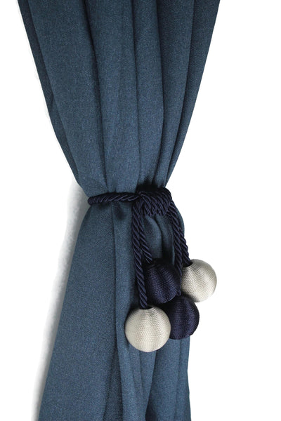 Holdback for curtain, rustic tie curtains, rope tie back, curtain tie, Navy Blue and White curtain treatment, curtain holder, tiebacks