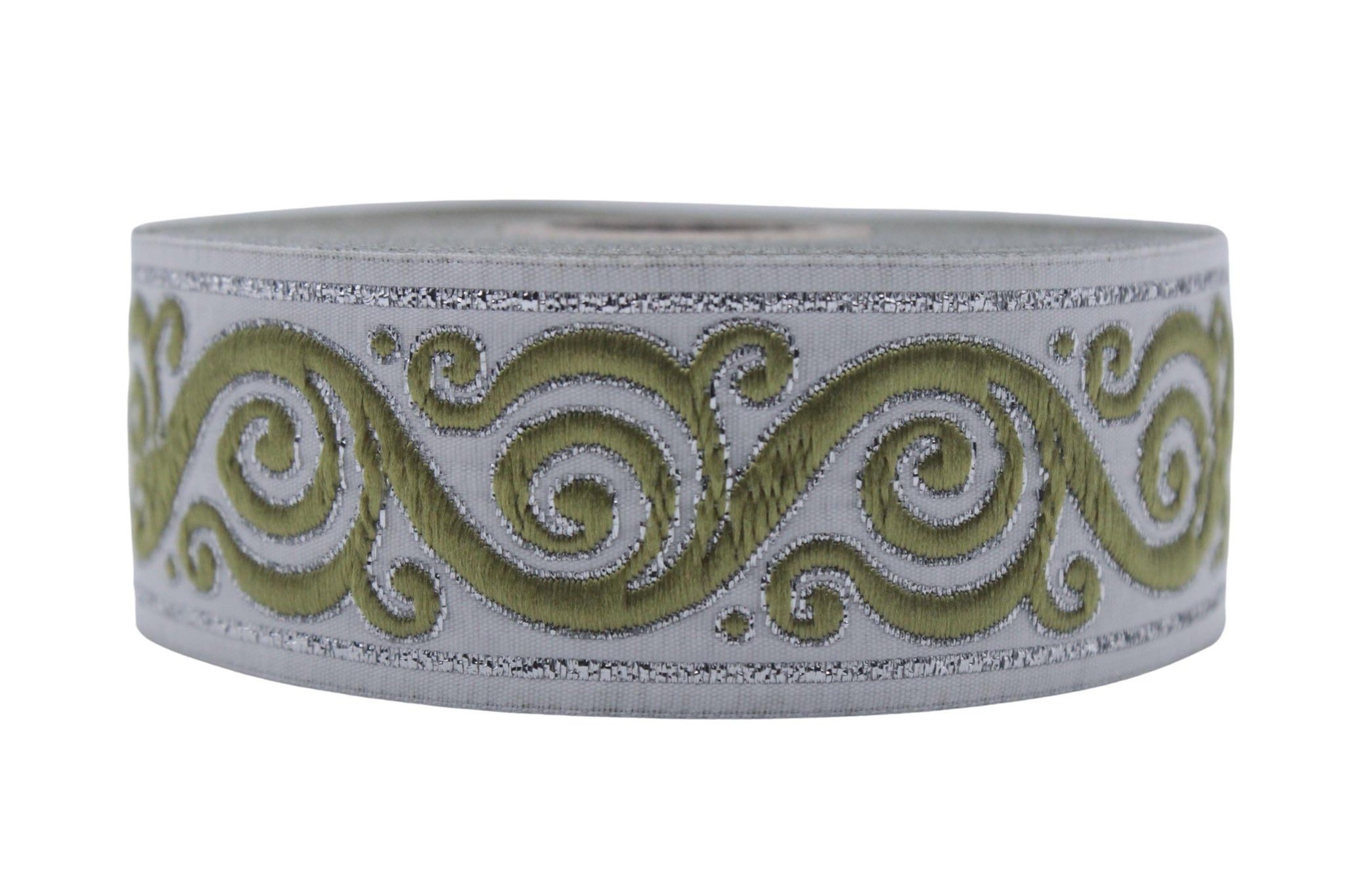 35 mm Green Celtic Snail Jacquard Ribbon Trim (1.37 inches), Woven Border, Upholstery Fabric, Drapery Ribbon Trim Costume Design 35221