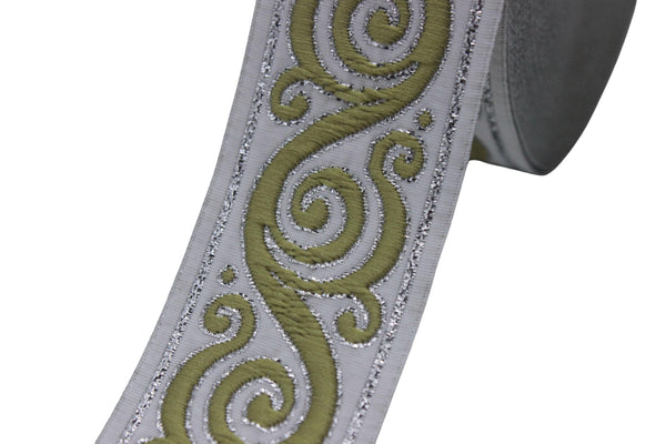 35 mm Green Celtic Snail Jacquard Ribbon Trim (1.37 inches), Woven Border, Upholstery Fabric, Drapery Ribbon Trim Costume Design 35221