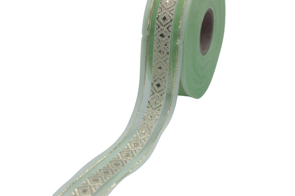 1.02" Green&Gold Mosaic Jacquard Ribbon Trim (26 mm), Woven Border, Upholstery Fabric, Webbing Trim Costume Design 26334