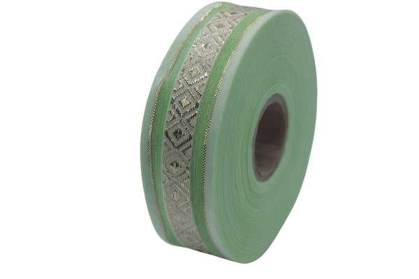 1.02" Green&Gold Mosaic Jacquard Ribbon Trim (26 mm), Woven Border, Upholstery Fabric, Webbing Trim Costume Design 26334