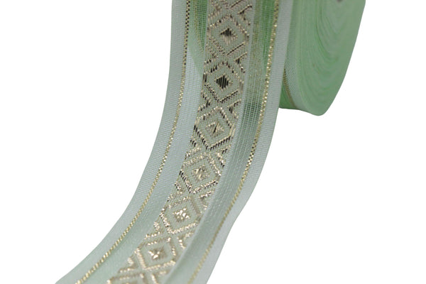 1.02" Green&Gold Mosaic Jacquard Ribbon Trim (26 mm), Woven Border, Upholstery Fabric, Webbing Trim Costume Design 26334