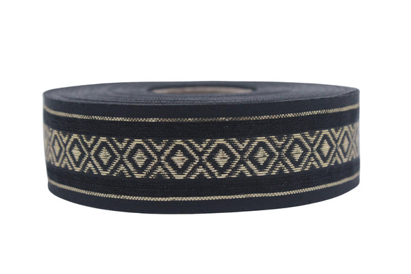 1.02" Gold&Black Mosaic Jacquard Ribbon Trim (26 mm), Woven Border, Upholstery Fabric, Webbing Trim Costume Design 26334
