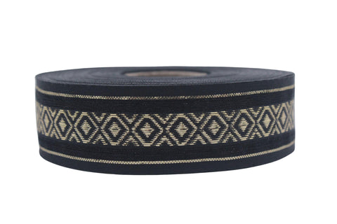 1.02" Gold&Black Mosaic Jacquard Ribbon Trim (26 mm), Woven Border, Upholstery Fabric, Webbing Trim Costume Design 26334