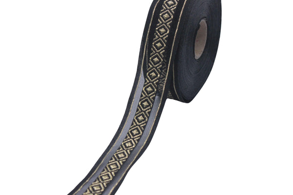 1.02" Gold&Black Mosaic Jacquard Ribbon Trim (26 mm), Woven Border, Upholstery Fabric, Webbing Trim Costume Design 26334