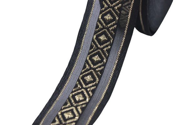 1.02" Gold&Black Mosaic Jacquard Ribbon Trim (26 mm), Woven Border, Upholstery Fabric, Webbing Trim Costume Design 26334