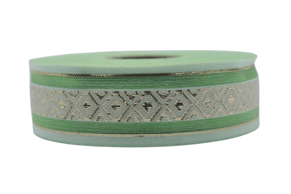 1.02" Green&Gold Mosaic Jacquard Ribbon Trim (26 mm), Woven Border, Upholstery Fabric, Webbing Trim Costume Design 26334