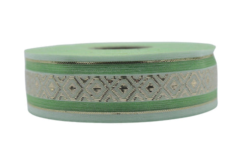 1.02" Green&Gold Mosaic Jacquard Ribbon Trim (26 mm), Woven Border, Upholstery Fabric, Webbing Trim Costume Design 26334