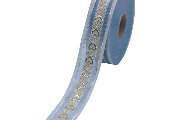 1.02" Blue Heart Jacquard Ribbon Trim (26 mm), Woven Border, Upholstery Fabric, Webbing Trim Costume Design 26332