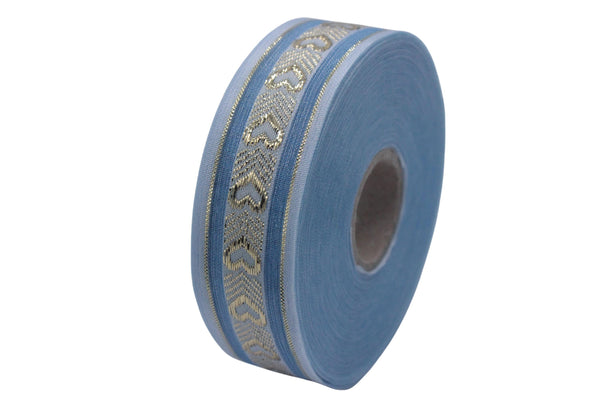 1.02" Blue Heart Jacquard Ribbon Trim (26 mm), Woven Border, Upholstery Fabric, Webbing Trim Costume Design 26332