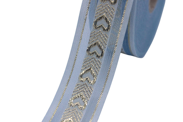 1.02" Blue Heart Jacquard Ribbon Trim (26 mm), Woven Border, Upholstery Fabric, Webbing Trim Costume Design 26332