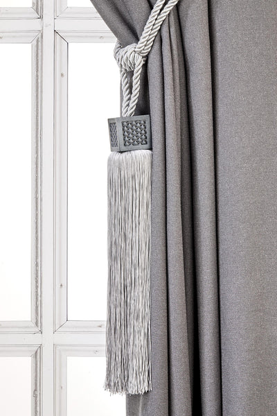 Cubic Drapery Tassel Tiebacks, Silver curtain Holdbacks, Rope Tiebacks, Curtain hardware, Tassel Length 13" , Spread 37.8" (96cm)