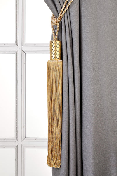 Long Drapery Tassel Tiebacks, Golden curtain Holdbacks, Rope Tiebacks, Curtain hardware, Tassel Length 18.5" , Spread 37" (94cm)