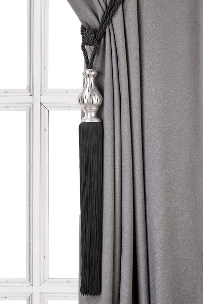 Elegance Curtain Tassel Tiebacks, Black Drapery Holdbacks, Rope Tiebacks, curtain hardware, Tassel Length 15" , Spread 35" (90cm)