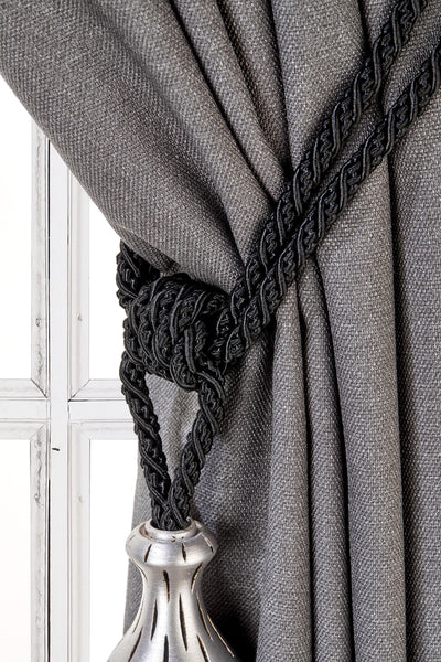 Elegance Curtain Tassel Tiebacks, Black Drapery Holdbacks, Rope Tiebacks, curtain hardware, Tassel Length 15" , Spread 35" (90cm)