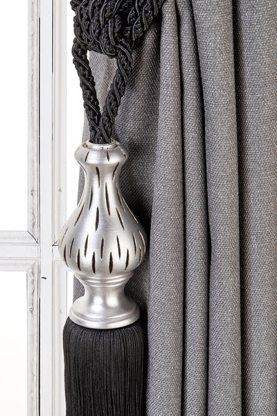Elegance Curtain Tassel Tiebacks, Black Drapery Holdbacks, Rope Tiebacks, curtain hardware, Tassel Length 15" , Spread 35" (90cm)