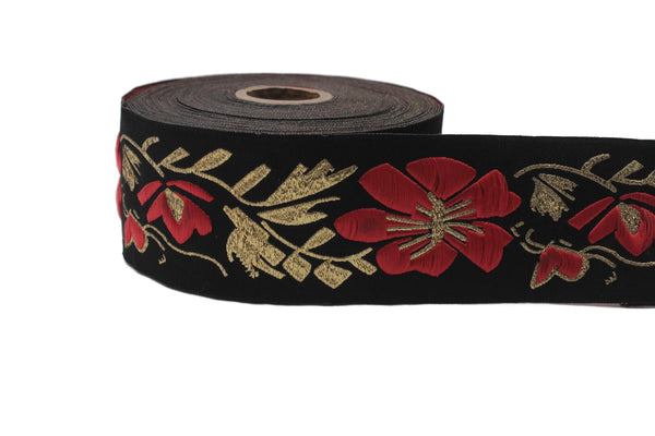 Floral Jacquard Ribbon Trim, Black Red Gold Embroidered Decorative Sewing Craft Trim for Costumes, Upholstery, Home Decor