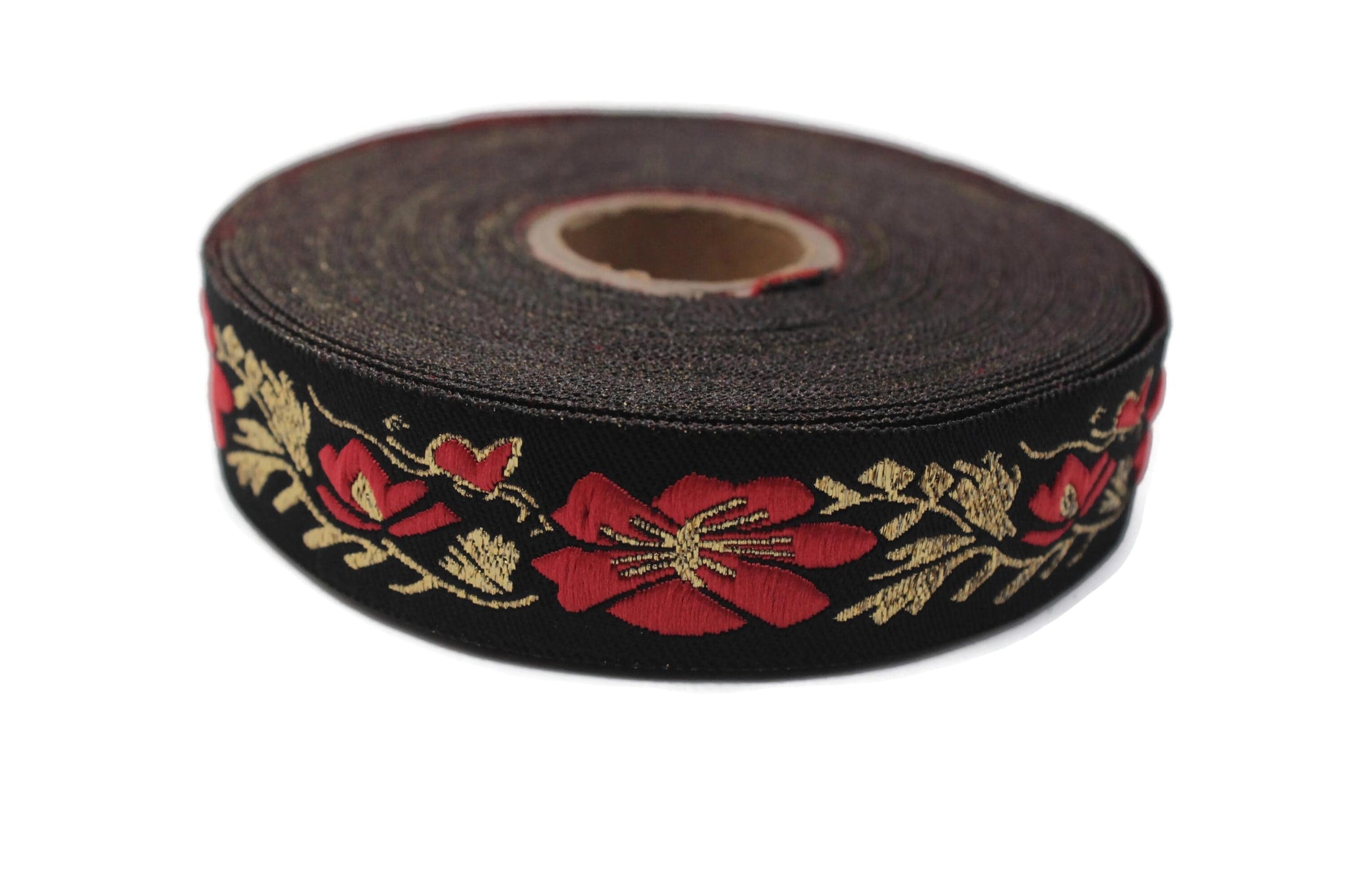 Floral Jacquard Ribbon Trim, Black Red Gold Embroidered Decorative Sewing Craft Trim for Costumes, Upholstery, Home Decor