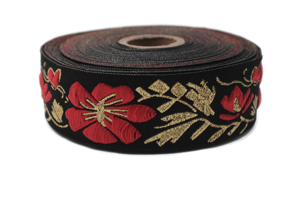 Floral Jacquard Ribbon Trim, Black Red Gold Embroidered Decorative Sewing Craft Trim for Costumes, Upholstery, Home Decor