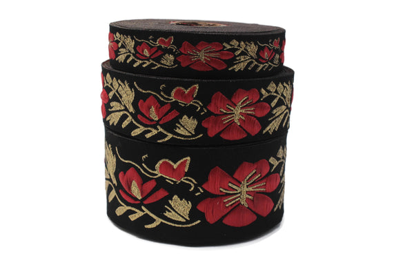 Floral Jacquard Ribbon Trim, Black Red Gold Embroidered Decorative Sewing Craft Trim for Costumes, Upholstery, Home Decor