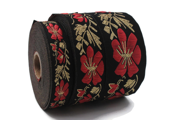 Floral Jacquard Ribbon Trim, Black Red Gold Embroidered Decorative Sewing Craft Trim for Costumes, Upholstery, Home Decor