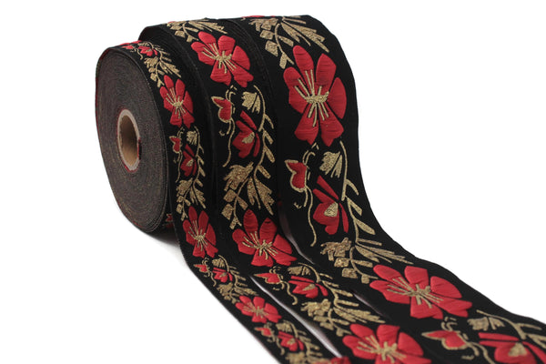 Floral Jacquard Ribbon Trim, Black Red Gold Embroidered Decorative Sewing Craft Trim for Costumes, Upholstery, Home Decor