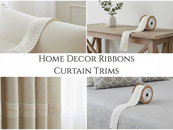 Embroidered Curtain Trim Ribbon 2.7”, Botanical Leaf Fabric Tape for Drapery, Cream Light Beige Upholstery & Home Decor 220 V1