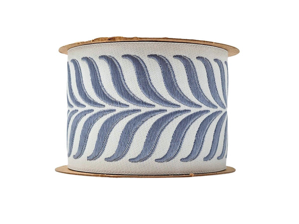 Embroidered Curtain Trim Ribbon 2.7”, Botanical Leaf Fabric Tape for Drapery, Dusty Blue Light Gray Upholstery & Home Decor 220 V3