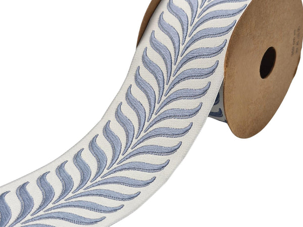 Embroidered Curtain Trim Ribbon 2.7”, Botanical Leaf Fabric Tape for Drapery, Dusty Blue Light Gray Upholstery & Home Decor 220 V3