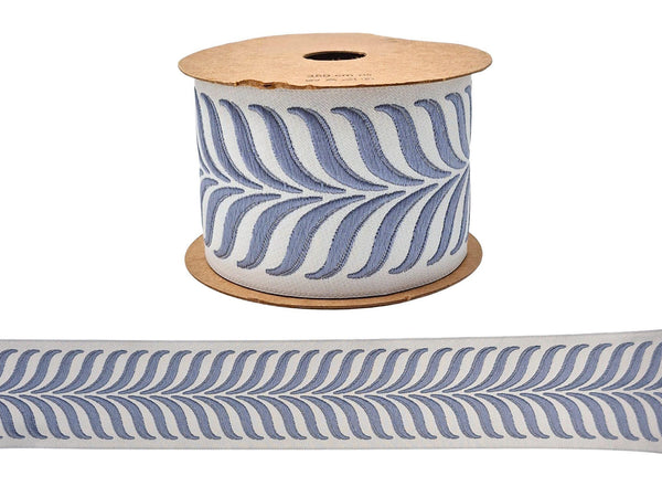 Embroidered Curtain Trim Ribbon 2.7”, Botanical Leaf Fabric Tape for Drapery, Dusty Blue Light Gray Upholstery & Home Decor 220 V3