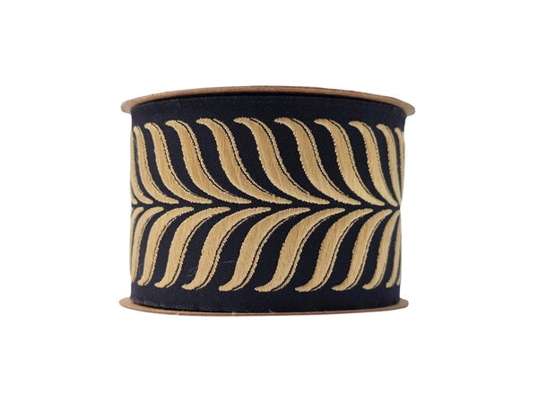 Embroidered Curtain Trim Ribbon 2.7”, Botanical Leaf Fabric Tape for Drapery, Warm Gold Black Upholstery & Home Decor 220 V9