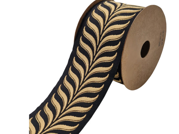 Embroidered Curtain Trim Ribbon 2.7”, Botanical Leaf Fabric Tape for Drapery, Warm Gold Black Upholstery & Home Decor 220 V9
