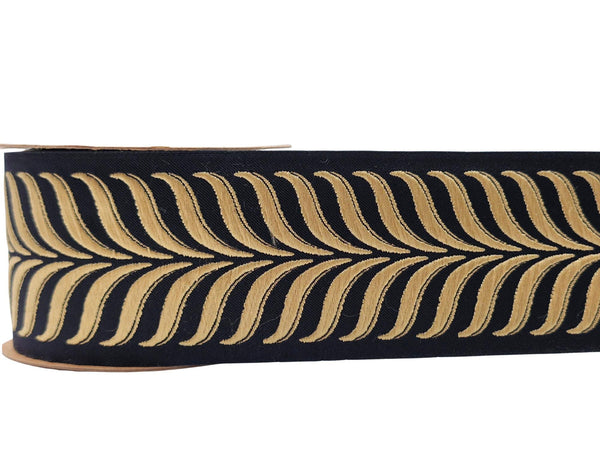 Embroidered Curtain Trim Ribbon 2.7”, Botanical Leaf Fabric Tape for Drapery, Warm Gold Black Upholstery & Home Decor 220 V9
