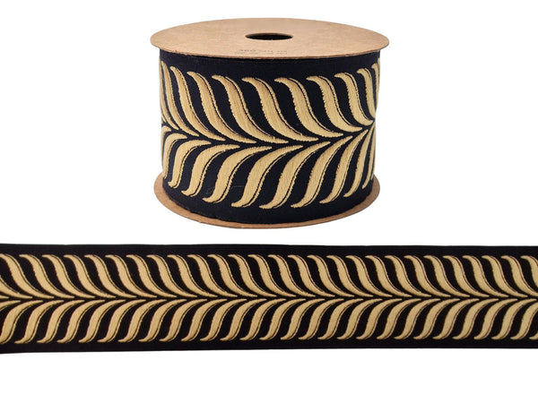 Embroidered Curtain Trim Ribbon 2.7”, Botanical Leaf Fabric Tape for Drapery, Warm Gold Black Upholstery & Home Decor 220 V9