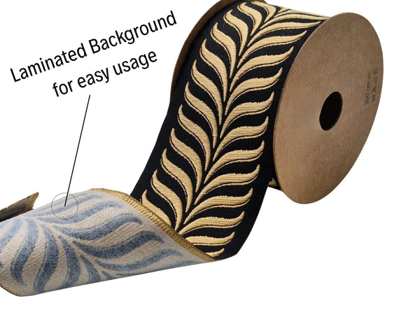 Embroidered Curtain Trim Ribbon 2.7”, Botanical Leaf Fabric Tape for Drapery, Warm Gold Black Upholstery & Home Decor 220 V9