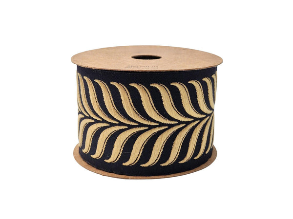 Embroidered Curtain Trim Ribbon 2.7”, Botanical Leaf Fabric Tape for Drapery, Warm Gold Black Upholstery & Home Decor 220 V9
