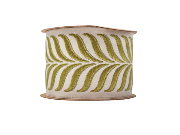 Embroidered Curtain Trim 2.7”, Botanical Leaf Fabric Tape for Drapery, Moss Green Light Beige Roman Shades and Home Decor Projects 220 V10