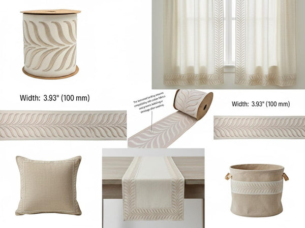 Embroidered Curtain Trim Ribbon 3.9”, Botanical Leaf Fabric Tape for Drapery, Cream Light Beige Upholstery & Home Decor 220 V1
