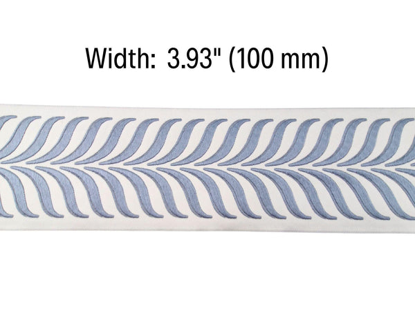Embroidered Curtain Trim Ribbon 3.9”, Botanical Leaf Fabric Tape for Drapery, Dusty Blue Light Gray Upholstery & Home Decor 220 V3