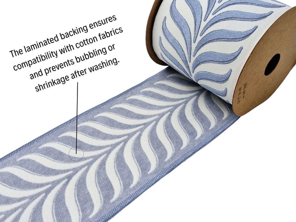 Embroidered Curtain Trim Ribbon 3.9”, Botanical Leaf Fabric Tape for Drapery, Dusty Blue Light Gray Upholstery & Home Decor 220 V3