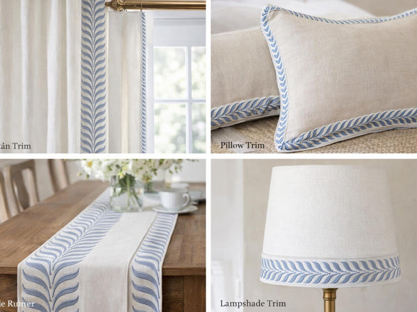 Embroidered Curtain Trim Ribbon 3.9”, Botanical Leaf Fabric Tape for Drapery, Dusty Blue Light Gray Upholstery & Home Decor 220 V3