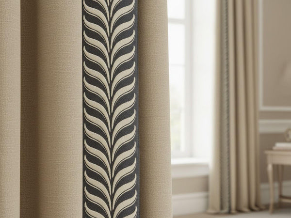 Embroidered Curtain Trim Ribbon 2.7”, Botanical Leaf Fabric Tape for Drapery, Ivory Gray Upholstery & Home Decor 220 V5