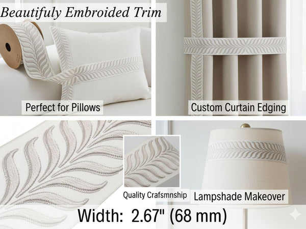 Embroidered Curtain Trim Ribbon 2.7”, Botanical Leaf Fabric Tape for Drapery, Light Greige Light Beige Upholstery & Home Decor 220 V2