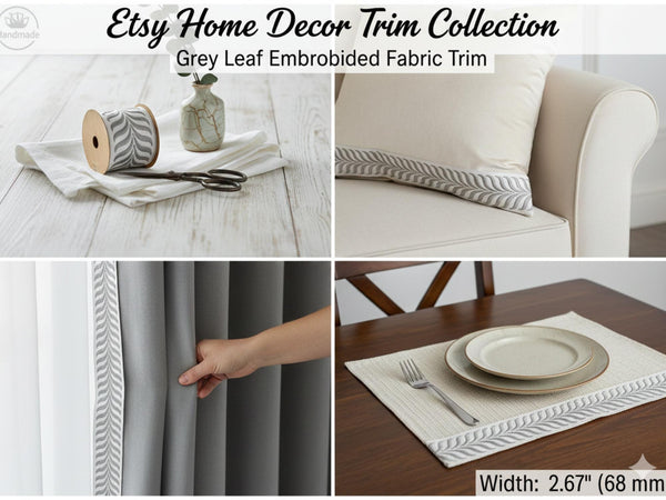 Embroidered Curtain Trim Ribbon 2.7”, Botanical Leaf Fabric Tape for Drapery, Gray Light Gray Upholstery & Home Decor 220 V4